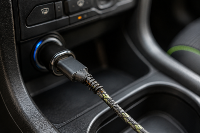 Heat-damaged car charging cable plugged into a 12V outlet
