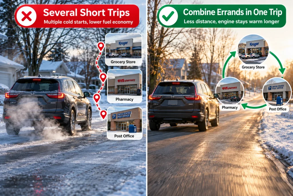 Several short cold-start trips compared with combining errands into one trip to improve fuel economy.