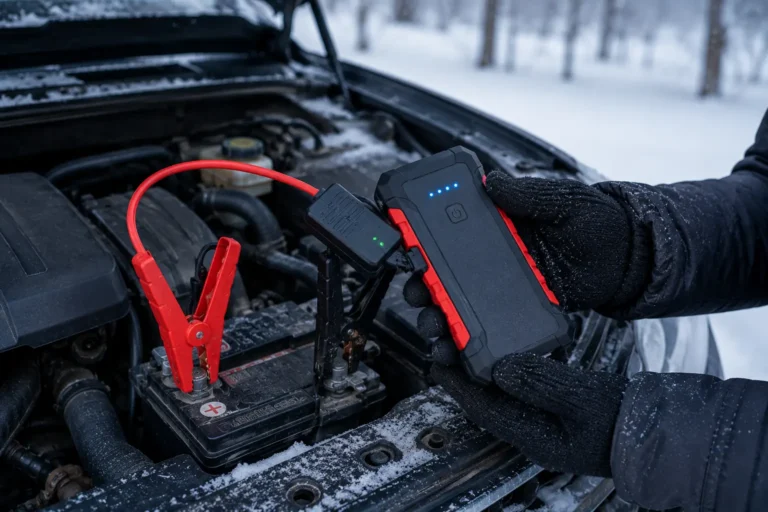 Jump starter connected to a car battery in cold weather