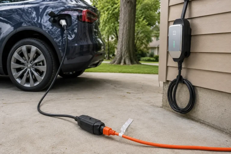 EV charging cable connected through an extension cord in a driveway
