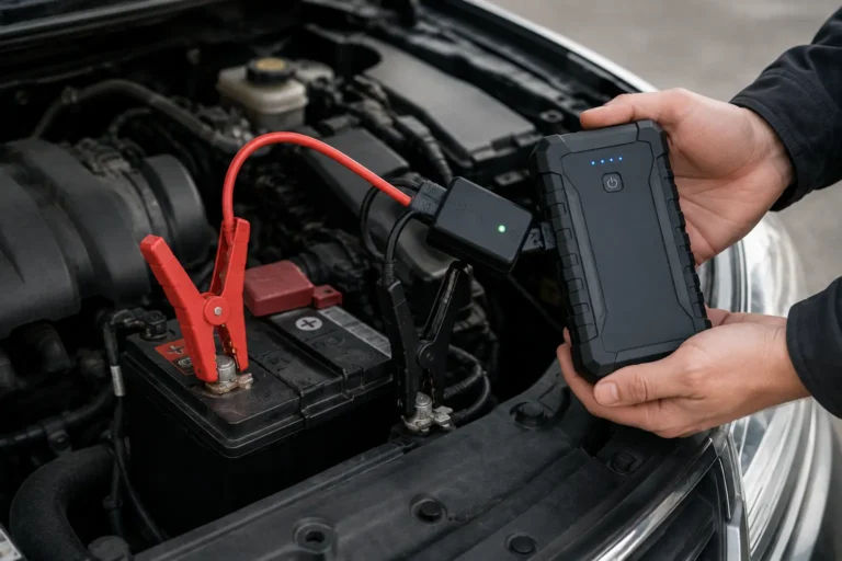 Jump starter connected to a car battery with heavy-duty clamps