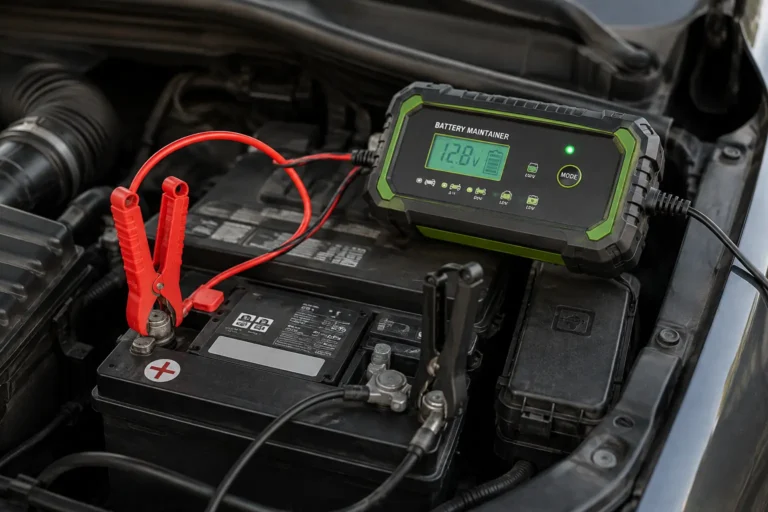 Battery maintainer connected to a car battery under the hood