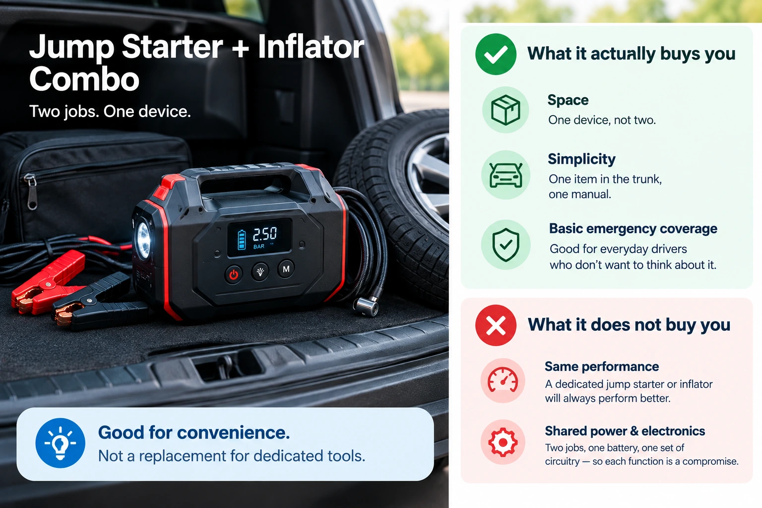 Jump starter and tire inflator combo unit in a car trunk