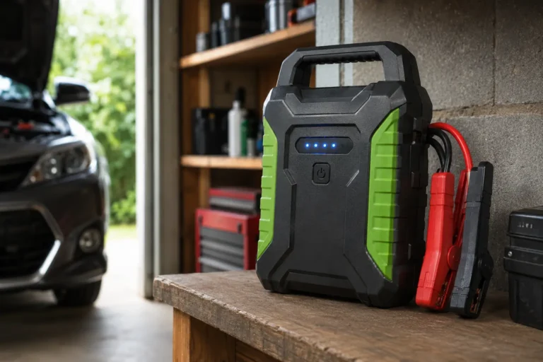 Portable jump starter stored in a garage
