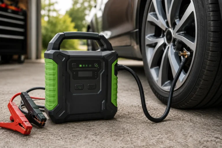 Jump starter with air compressor connected to a car tire