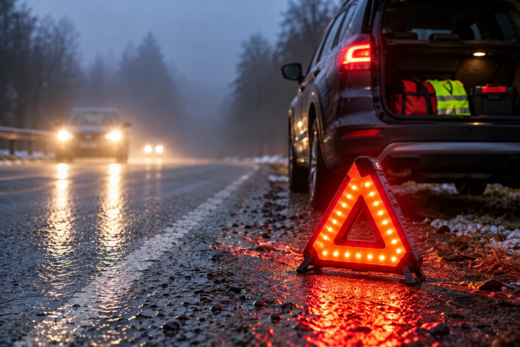 LED roadside safety beacon glowing beside a stopped car on a wet, foggy road at night.