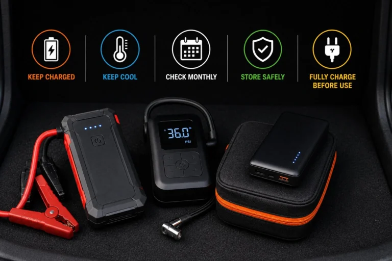 Jump starter, tire inflator, and power bank stored safely in a car