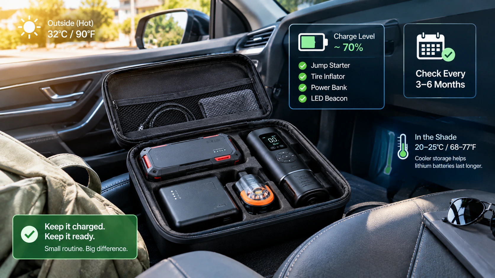 Lithium battery car gadgets stored in a vehicle emergency kit with periodic charging and cool storage guidance