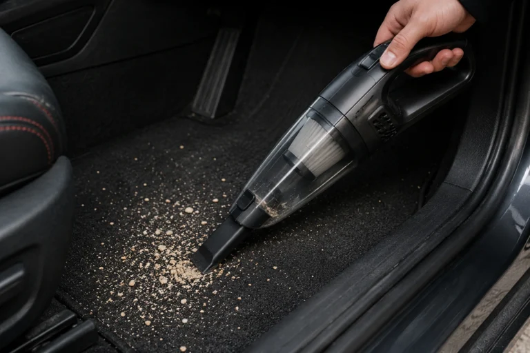 Portable car vacuum cleaning dirt from a carpeted floor