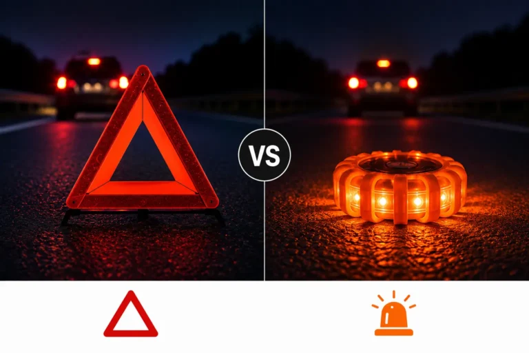 Warning triangle and LED flare on a dark roadside