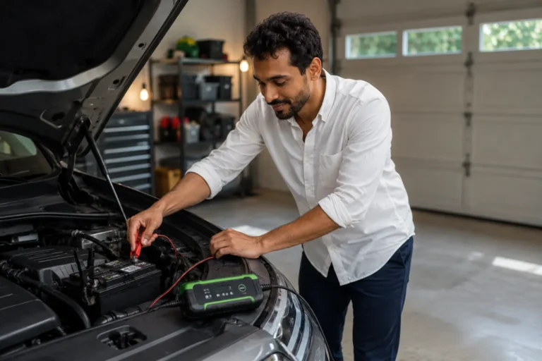 Battery maintainer connected to a parked car battery
