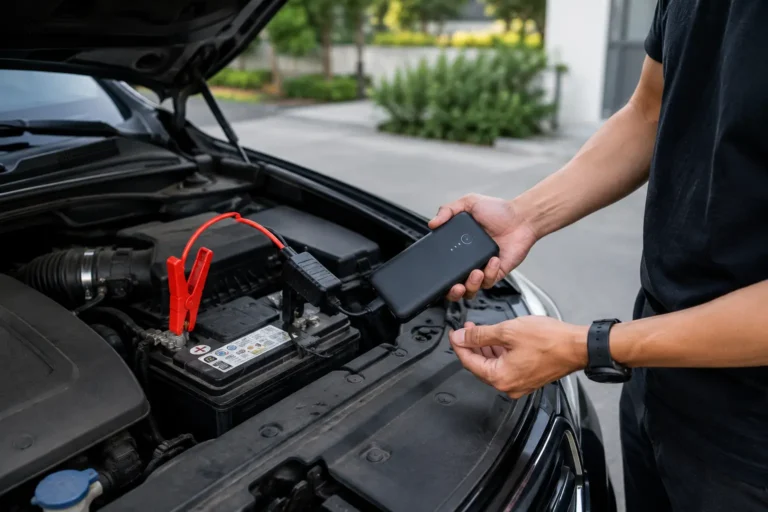 Power bank connected to a car battery for jump starting
