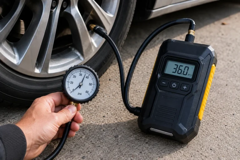 Portable tire inflator and pressure gauge checking a car tire