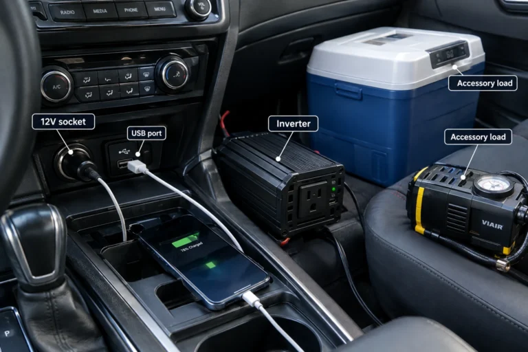 Car interior with 12V socket, USB port, inverter and powered accessories