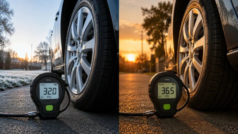 Car tire pressure gauge showing different readings for cold and warm tire conditions