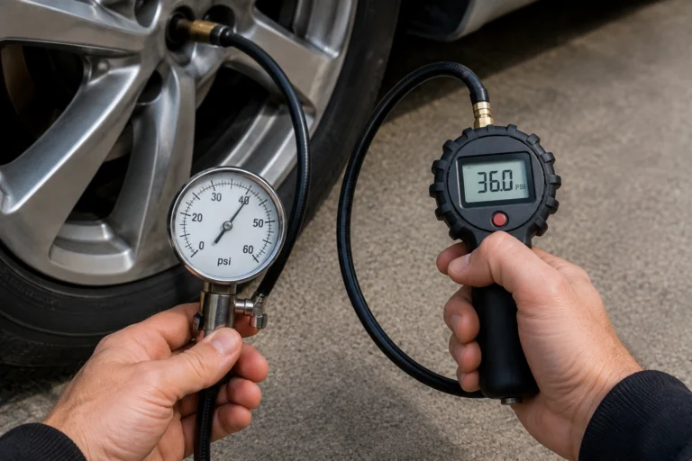 Digital and analog tire gauges checking car tire pressure