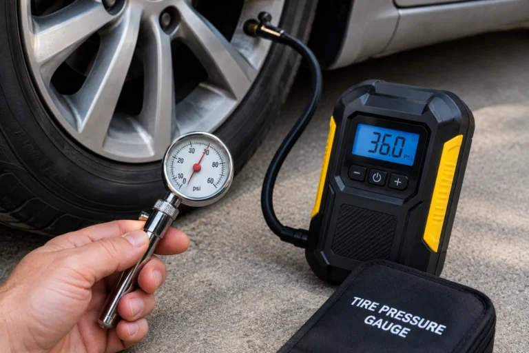 close-up of a standalone tire pressure gauge beside a portable tire inflator connected to a car tire.
