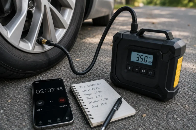Portable tire inflator filling a car tire while inflation time is measured