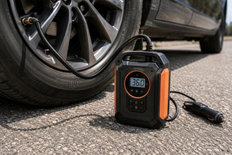 Portable tire inflator connected to a car tire, showing the air hose, digital pressure gauge, and power cable.