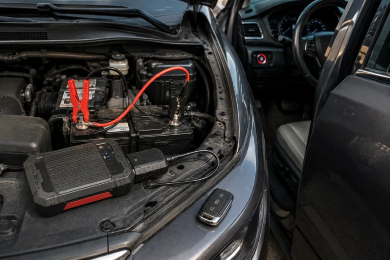 Jump starter connected to a push-button start car battery