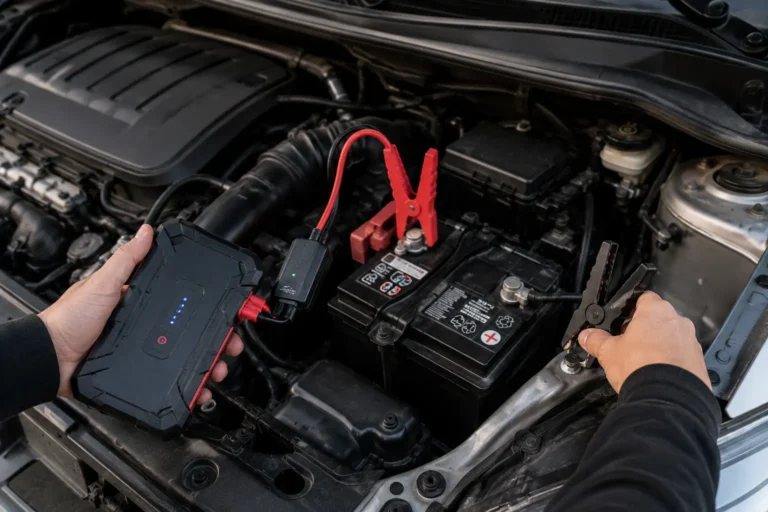 Portable jump starter connected to a car battery safely