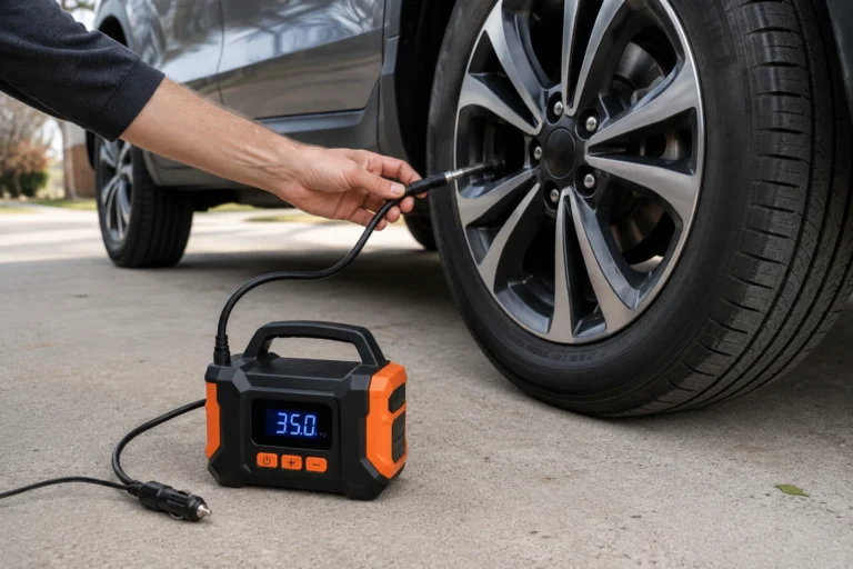 Person using a portable tire inflator on a car tire