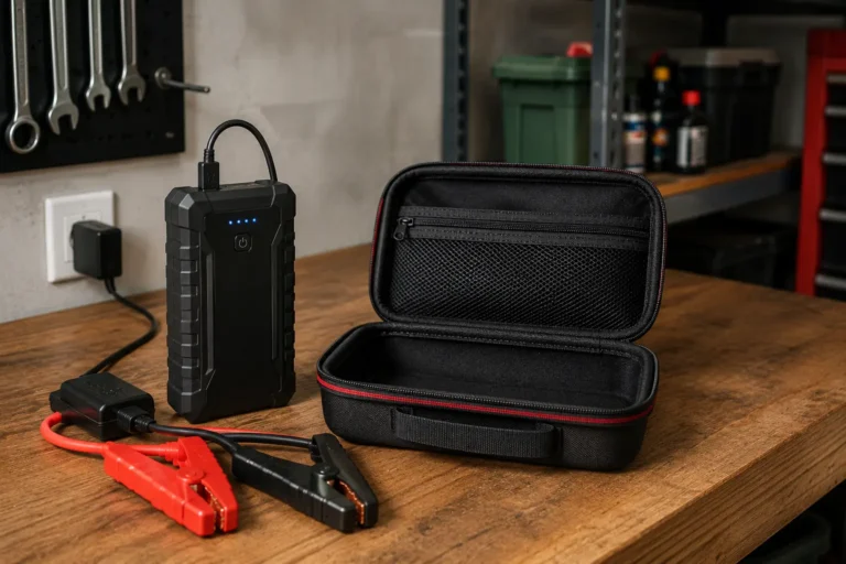 Jump starter stored in a protective case after being fully charged