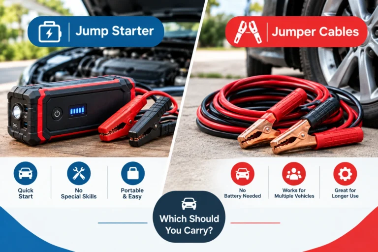 Portable jump starter and jumper cables beside a car