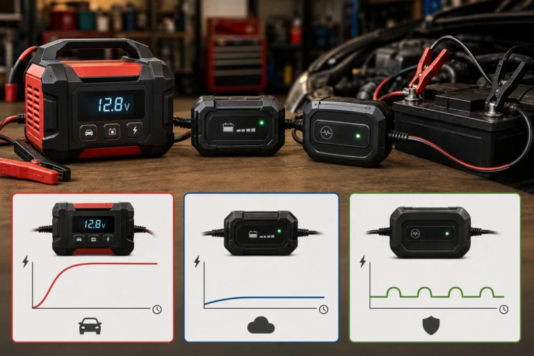 Battery maintainer and trickle charger connected to a car battery