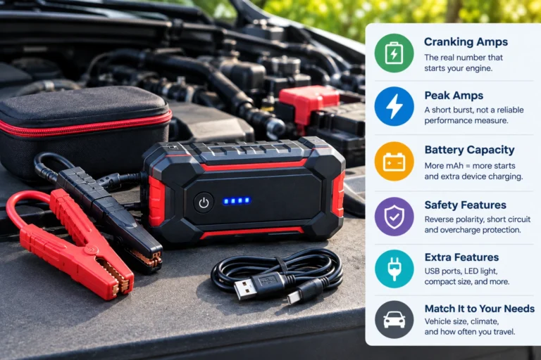 Portable jump starter with battery clamps and car battery