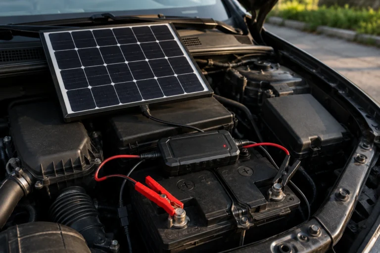 Solar trickle charger connected to a car battery