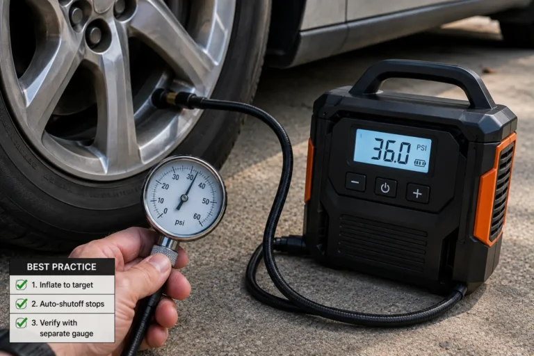 Portable tire inflator with auto-shutoff and separate pressure gauge
