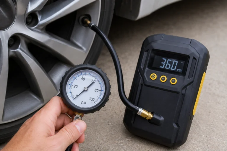 Portable tire inflator gauge compared with a separate tire pressure gauge
