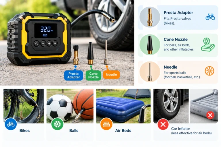Tire inflator with Presta adapter, cone nozzle and needle attachments