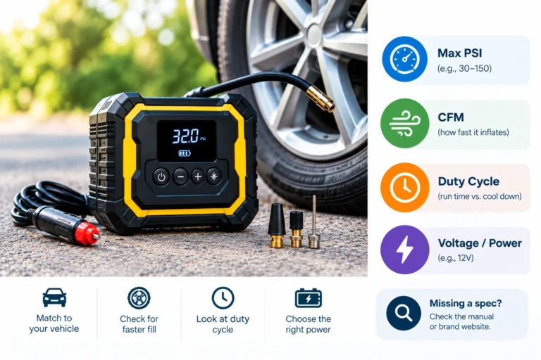 Portable tire inflator beside a car tire showing key specifications