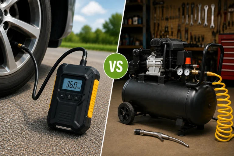 Portable tire inflator and tank air compressor compared