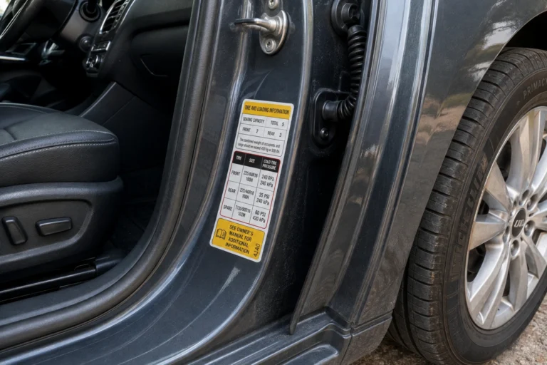 Tire pressure placard on a car door jamb beside the tire