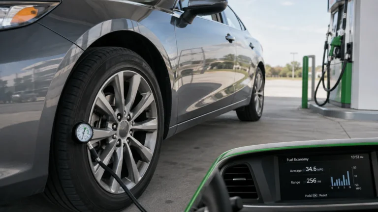 Modern passenger car at a gas station with a tire pressure gauge connected to the front tire and fuel economy display visible on the dashboard.