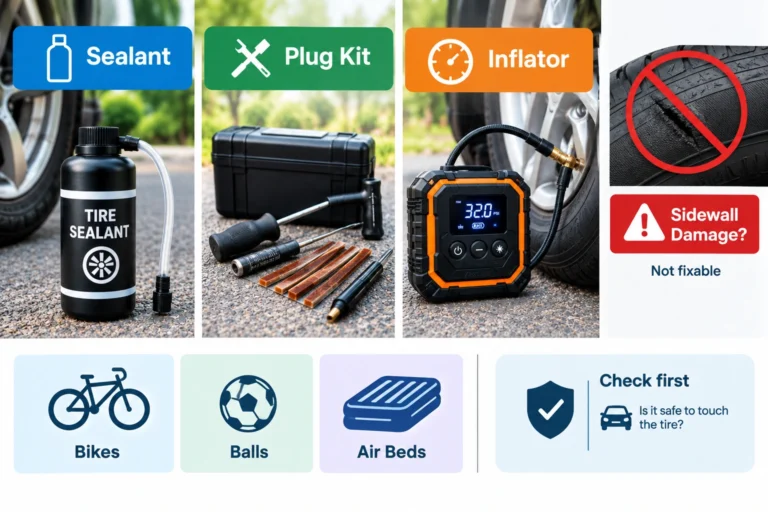 Tire sealant, plug kit and inflator beside a car tire