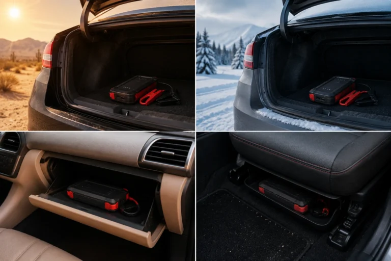Jump starter stored in a car trunk and cabin