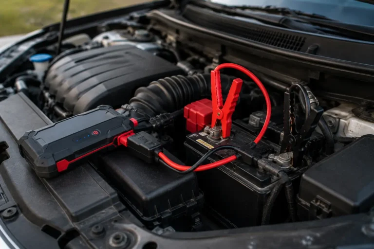 Portable jump starter connected to a car battery