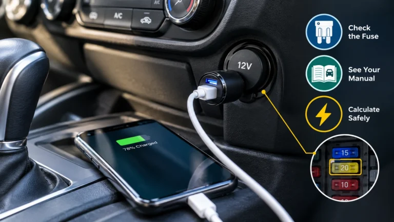 Car 12V socket powering a phone with fuse rating shown