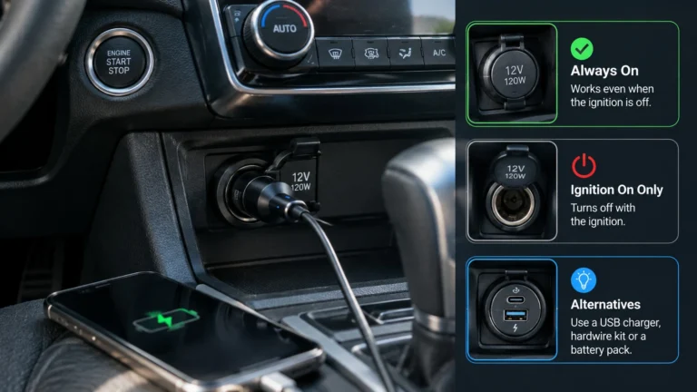 Car 12V socket with charger showing how ignition-controlled power works