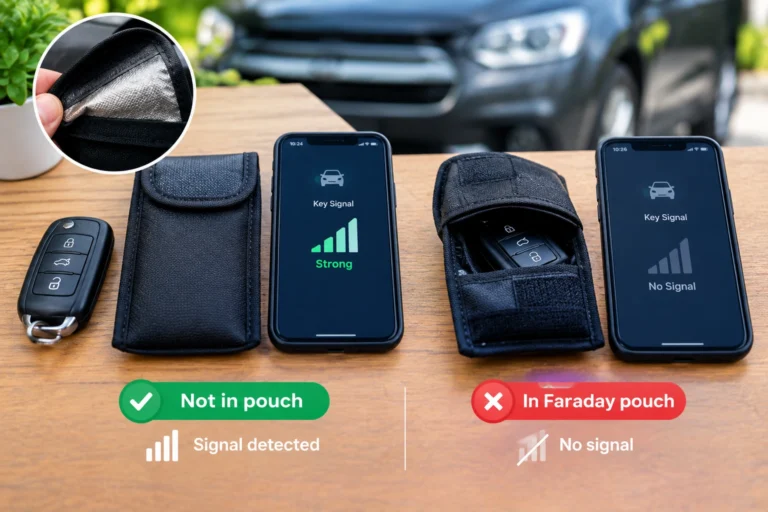 Key fob tested inside and outside a Faraday pouch to check signal blocking