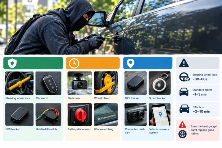 Car anti-theft gadgets including steering wheel lock, alarm, GPS tracker and wheel clamp