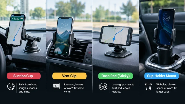 Comparison of suction cup, vent clip, dash pad, and cup-holder car phone mounts