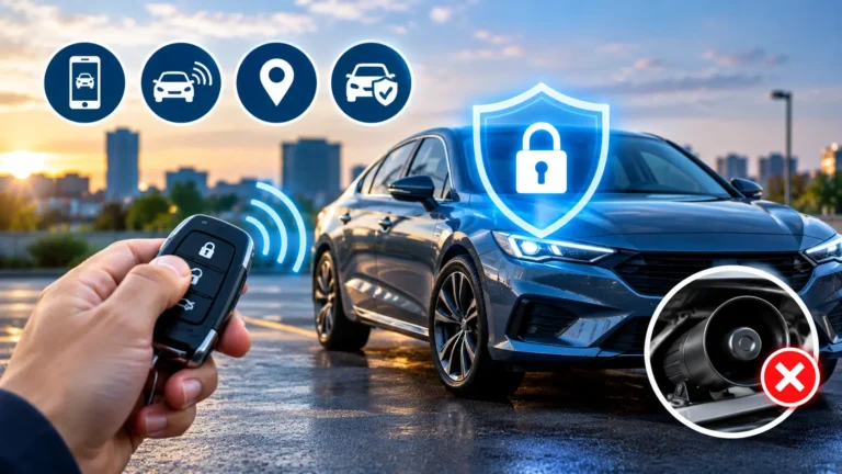 Modern car security system with alarm, key fob and vehicle protection features