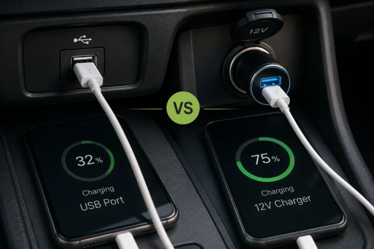 Car USB port and 12V charger powering smartphones side by side