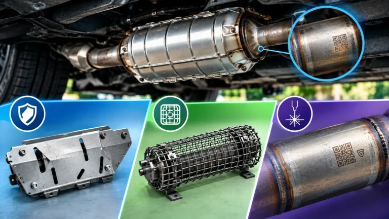 Catalytic converter shield, cage and etched converter used as theft deterrents