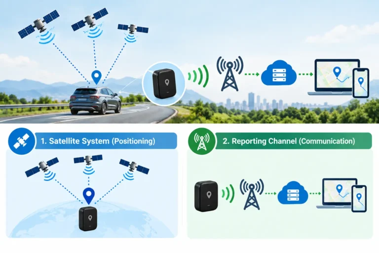 Car GPS tracker receiving satellite signals and reporting location through a cellular network